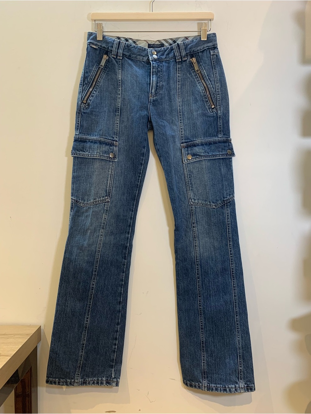 Burberry London Cargo Jeans Women's USA 6 Blue Denim, Italy Nova Check Trim Y2K